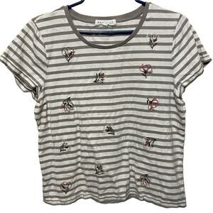 Downeast Gray and White Striped Floral Embroidered T-Shirt